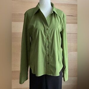 Jessica size large button up, long sleeve blouse, green, square buttons